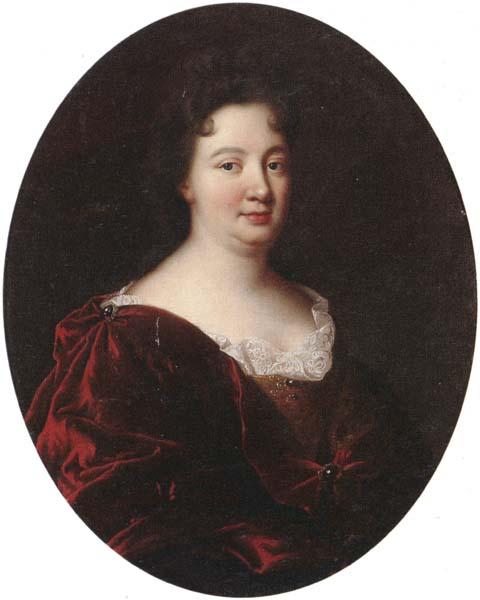 unknow artist Portrait of a landy,said to be marie de pontchartrin,half length,wearing a red velvet mantle over a gold braided dress and lace shirt oil painting picture